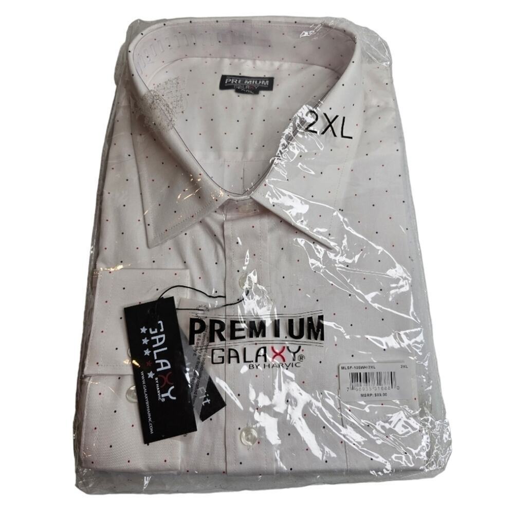 Premium Galaxy Slim Fit White Long Sleeve Shirt w/ Blue & Red Polka Dots 2XL NEW